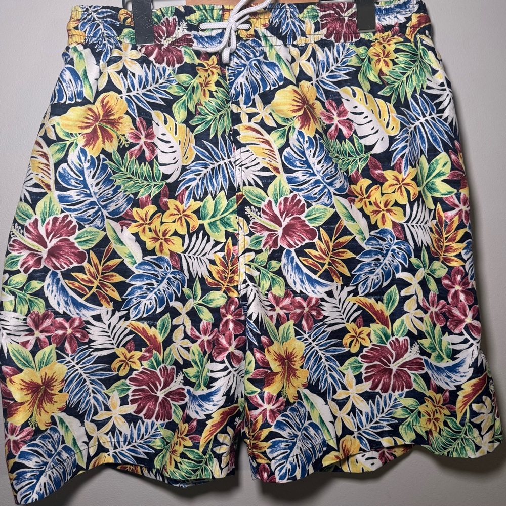 Red and Yellow Swim Trunks Vibrant Tropical Design